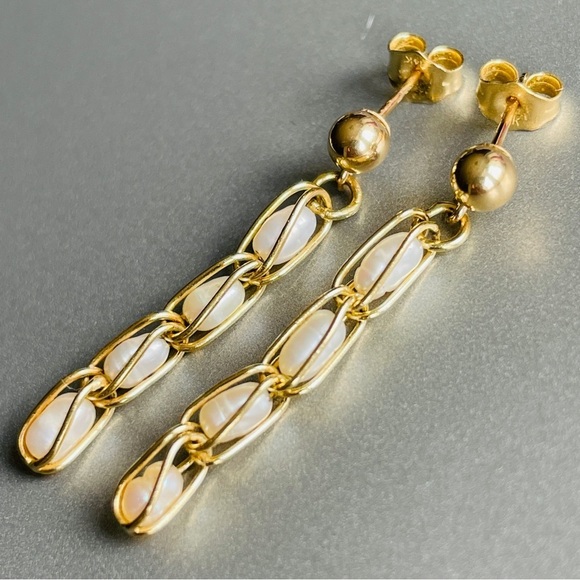 Jewelry - 14k Solid Gold Caged Natural Freshwater White Pearl Dangle Earrings Vint…